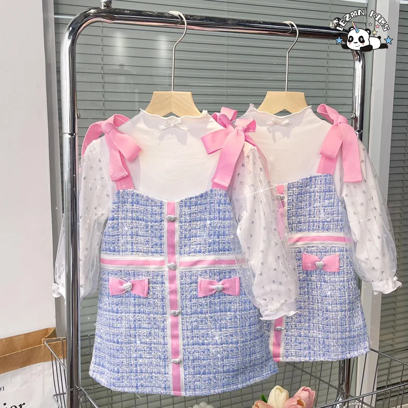 LEZONKIDS - Customized Autumn Girls Dress Little Fragrance Sundress Sweet Mesh Bow Princess 2-Pieces Set